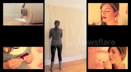 Woman uses lipstick and kisses her art to create iconic images in a unique creative technique