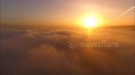 Drone View Of Beautiful Sunrise Fog