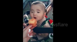 Baby has cutest reaction looking at a peach