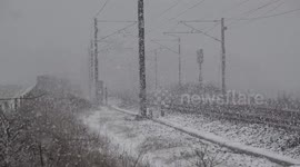 High speed train in heavy snow fall 'The beast from the east'
