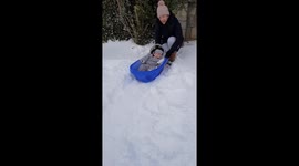 Baby 1st time sledging in bath tub.