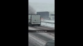 Vehicle on fire due to snow (M62 motorway)