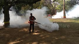 Dhaka, Bangladesh. 28 feb  2018. An employee of Dhaka North City Corporation sprays pesticide for kill mosquitoes at Dhaka university area