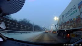 Lorry driver tailgates Micra driver on atrocious snow covered M6 Motorway