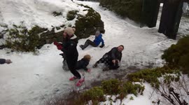 Family pretending to be penguins by sliding down snow-covered steps