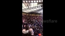 Drunk Newcastle Fan slides down handrail at Stamford Bridge