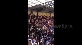 Hilarious moment Newcastle Fan slides down handrail at Stamford Bridge