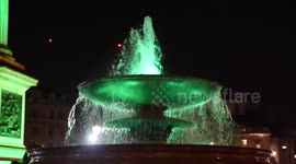 Trafalgar Square lit up green ready for St Patrick's Day