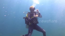 Divers having fun with bubbles