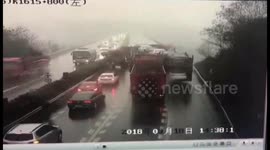 Lorry driving in wrong direction turns around to cause massive pile-up