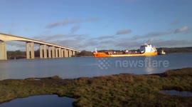 Ship going under the Orwell Bridge, Ipswich.