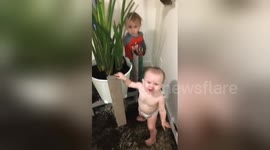 Children make HUGE mess with plant pot while mum feeds baby nextdoor