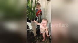 Children make HUGE mess with plant pot while mum feeds baby nextdoor