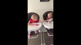 Identical twins in high chairs sharing their toys