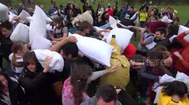 Feathers fly in London during mass pillow fight