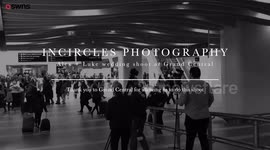 Newlywed couple pose for their marriage photos at train station