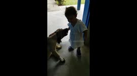 Baby hugs a dog