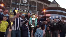 Man City fans gather at Etihad to celebrate title win
