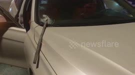 Flying rebar dropping from semitrailer impales into windscreen