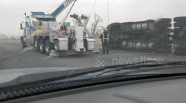 Wind gusts blow over semi-trailer truck in Colorado