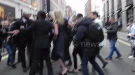 Rod Stewart and wife penny Lancaster, mobbed by fans when arriving at the Tina opening night London