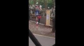 The big woman crossed the small fence
