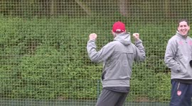 Arsene Wenger practising his celebrations during Arsenal training