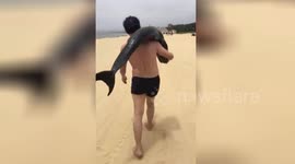 Tourist snatches live dolphin from beach, carries it over his shoulder