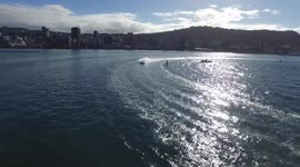 Water Skiing on Wellington Harbour. World Champ Water Skiers and Race Power Boats on Sparkling Wellington Harbour with Panoramic Views of City and Suburbs. #08