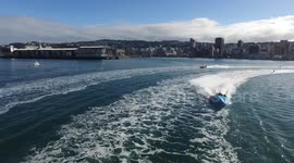 Water Skiing on Wellington Harbour. World Champ Water Skiers and Race Power Boats on Sparkling Wellington Harbour with Panoramic Views of City and Suburbs. #09