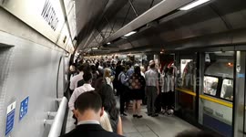 Very lengthy queues - but amazing etiquette - for Tube trains at Waterloo Station this morning