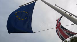 Brexit flags are still together for Europe Day at Parliament square, London