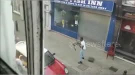 Machete-wielding thugs fight outside Stockport fish and chips shop before running over man