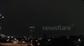 Houston skyline completely lit up by chain lightning from multiple locations