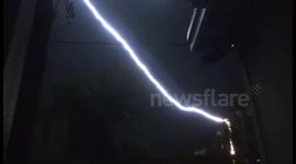 SLOW MOTION OF LIGHTNING BOLT STRIKE ON PALM TREE