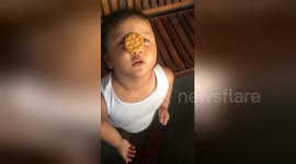 Toddler tries to eat biscuit balanced on her nose