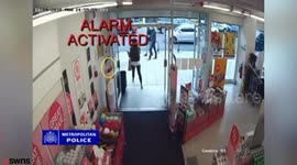 Police are hunting a young woman who was confronted by a burly security guard on suspicion of shoplifting in Superdrug - and punched him in the face