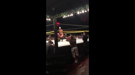Pro Wrestler kicks opponent directly in the jaw!