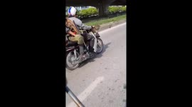 Two monkeys and Two men riding on a motorbike on the busy road