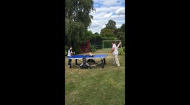 Game of ping pong with a cat on the table