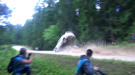 Car somersaults in cloud of dust in dramatic rally crash