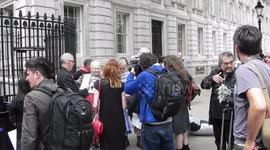 Vivian Westwood and her team getting ready for a protest in downing st against anti fracking in the uk by Jim Connor