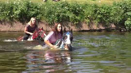 Women ride their horses in the River Eden at the Appleby Horse fair