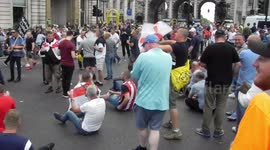Free Tommy Robinson protest thousands of his supporters show up in Trifalgar square, down Whitehall protesting for him to be set free in central London by jim connor