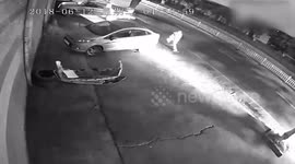 Lucky escape for pedestrian as out-of-control car careers off the road