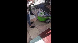 Girl turns on lawnmower and didn't expect that to happen