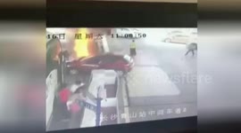 Out-of-control car crashes into fuel dispenser causing fire