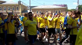 Swedish fans celebrate in the streets of Nizhny Novgorod after win against South Korea