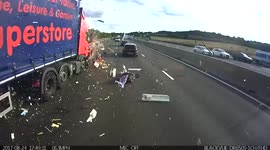 Truck completely demolishes caravan in collision on UK motorway