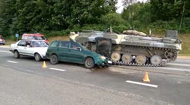 Tank crushes car in Belarus